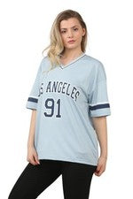 Camiseta universitaria de fútbol americano para mujer cuello en V LA 91 verano americano holgada top de gran tamaño