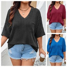 Camiseta acanalada para mujer con cuello en V de gran tamaño para ajuste color liso para los días de verano
