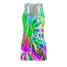Vestido para mujer espalda cruzada estampado futurista neón tropical naturaleza colorido
