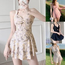 Elegante y conservador cuello halter traje de baño mujer cintura alta vestido de playa