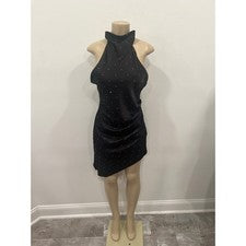 DO+BE Mini Vestido Mujer Mediano Negro Estrás Halter Asimétrico Satén Fiesta