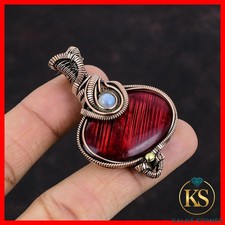 Colgante boho envuelto en alambre de piedra lunar arco iris labradorita fuego rojo natural de cobre