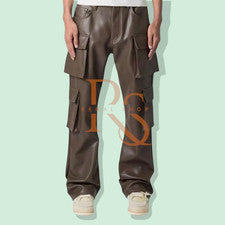 Pantalones cargo de cuero para hombre en piel de cordero genuina estilo punk