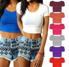 Mujeres Manga Gorra Top Corto Damas Cuello Redondo Elástico Chaleco Camiseta Blusa Camiseta