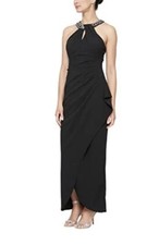 Vestido largo de crepé SL Fashions para mujer con cuello halter adornado talla 14 negro nuevo con etiquetas