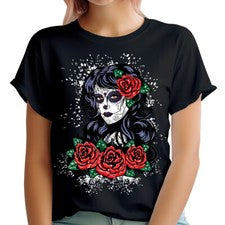 Camiseta Día de los Muertos Calavera de Azúcar Estilo Gótico Vestido Negro con Rosas #D#T2382