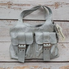 Bolso de mano de mezclilla metálico con 4 pósteres para mujer sin límites nuevo con etiquetas