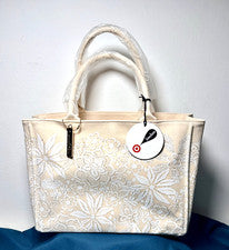 Bolso de Mano Neiman Marcus Oscar de la Renta Target Blanco Floral Beige Lona Nuevo con Etiquetas