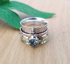 Precioso anillo giratorio de piedras preciosas de topacio azul de plata de ley 925 hecho a mano MK*