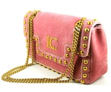 Bolso de Mano La Carrie LC Rosa Terciopelo Dorado Tachonado Mediano Bolso de Hombro Cadena Dorada
