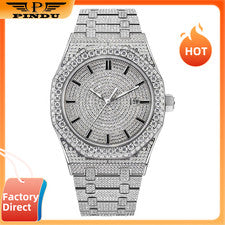 Reloj mecánico PINDU para hombre helado diamante completo 42 mm acero fino pulsera de lujo