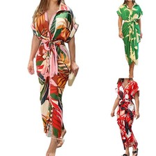 Impresionante Vestido Camisa Mujer Estampado Vintage y Cuello en V y Frunado