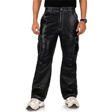 Pantalón estilo cargo de cuero negro real para hombre con costuras blancas elegante pantalón informal