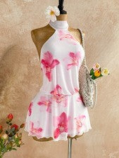 Vestido Mujer Casual Estampado Floral y Cuello Halter Sin Espalda