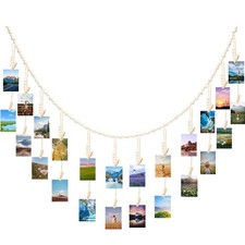 Expositor de fotos colgante boho de madera con 24 clips para decoración de pared de oficina en casa