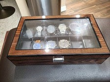 Vitrina Reloj 12 Ranuras Madera y Cuero Organizador Almacenamiento Tapa Vidrio Caja Hombres