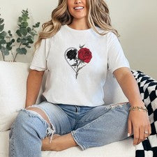 Camiseta dividida roja negra rosa corazón para mujer hilada en anillo gótica moda regalo para ella