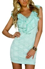 Sexy Miss Moda Mujer Encaje Volante V Mini Vestido Lápiz 38 L Menta Nuevo