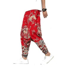 Pantalones harén holgados estilo chino sueltos estampado floral entrepierna caída para hombre