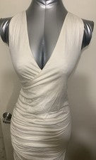Sexy Vestido Acanalado Cuello en V Mujer Blanco Crema Hasta la Rodilla XS Regalo Día de San Valentín