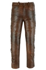 Pantalones de cuero genuino estilo jean para hombre con cordones laterales en marrón