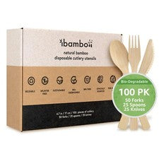 Utensilios de bambú Ibambo - 50 tenedores, 25 cucharas, 25 cuchillos - desechables o reutilizables