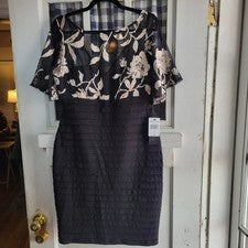 Vestido para mujer Scarlett negro dorado floral manga corta forrado cremallera trasera talla 6 nuevo con etiquetas