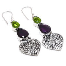 Amatista, piedra preciosa de peridoto hecho a mano 925 pendiente de joyería d...