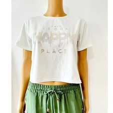Mujer Verano Moda Brillante Recortado Prendas para el torso Estampado Cuello Redondo Camiseta Blanca S