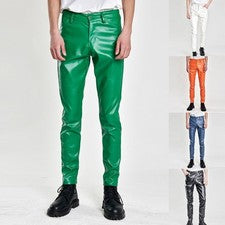 1P Pantalones de Cuero Personalidad para Hombres Moda Ajustados Elastizados PU Motociclista Cuero Pantalones