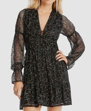 $545 LINI Para Mujer Negro Cuello en V Gabriella Manga Globo Bordado Mini Vestido XS