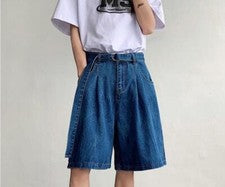 Pantalones cortos de mezclilla sueltos informales de verano de moda para hombres Pantalones cortos plisados con cinturón