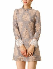 Damen Crew Neck Durchsichtig Panel Spitze Minikleid Kleid