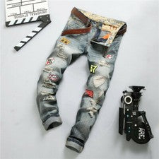 Pantalones de mezclilla rasgados destruidos de calce ajustado recto para hombre