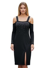 Vestido negro Hekka nuevo con etiquetas para mujer hombro frío con joyas vacaciones cóctel L