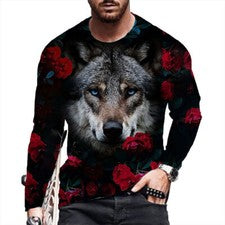Camiseta Hombre Cabeza Lobo Gráfico Manga Larga Moda Casual Ropa De Calle Tee