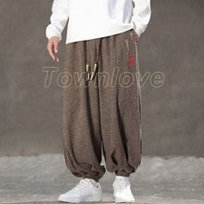 Pantalones holgados estilo chino para hombre mezcla de lana cordón sueltos informales pantalones