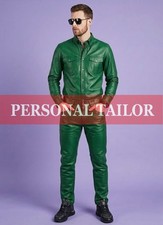 Pantalones de mezclilla de cuero verde 100 % piel de cordero para hombre estilo bolsillos en el pecho