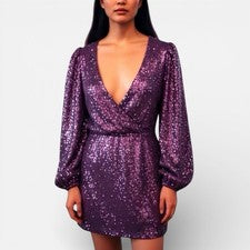 Nuevo con etiquetas Mini Vestido Púrpura Lentejuelas Para Mujer Pequeño Manga Larga Fiesta Cóctel Ropa de Club