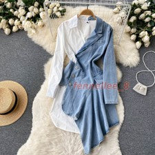 Vestido camisero asimétrico de moda mangas largas cuello solapa retazos de mezclilla para mujer