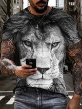 Camiseta Hombre Negro Blanco León Cara Estampado gráfico Moda Manga corta sedoso
