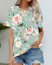Blusa Camiseta Mujer Rosa Rosas Verde Claro Gráfico Moda Manga Corta Sedoso Tee