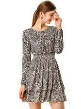 Damen arm Crew Neck Rüschen Leopard Minikleid Kleid Neu