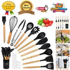 Juego de utensilios de cocina de silicona de 22 piezas con asas de madera - sin BPA, no tóxico