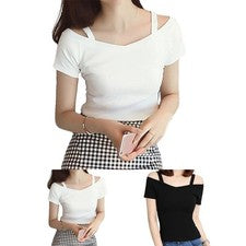 Sexy Camiseta Mujer Sin Hombros Moda Coreana Slim Cuello en V Tee Shirt