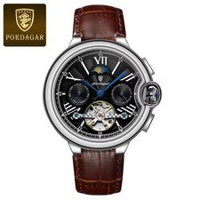 47MM POEDAGAR Reloj Automático Hombre Fase Lunar Cuero 30M Impermeable Regalo NUEVO