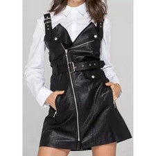 Moda Piel de Cordero Genuino Elegante Para Mujer Fiesta Club Vestido Negro Hecho a Mano Cuero