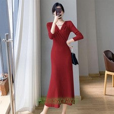 Nuevo Para Mujer Moda Vestido Tejido Invierno Manga Larga Elegante Largo Suéter Vestido