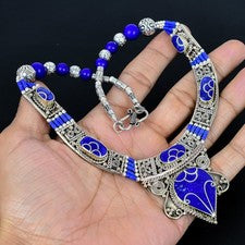 Collar nepalí tibetano de plata de ley 925 hecho a mano lapislázuli 18" PG 7100