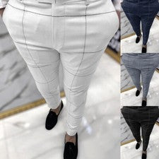 Pantalones largos informales a rayas para hombre oficina calce ajustado negocios moda pantalones ajustados